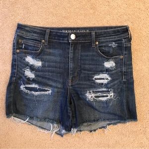 American Eagle Hi Rise Shortie Womens Size 14 Blue Distressed Denim Shorts AEO